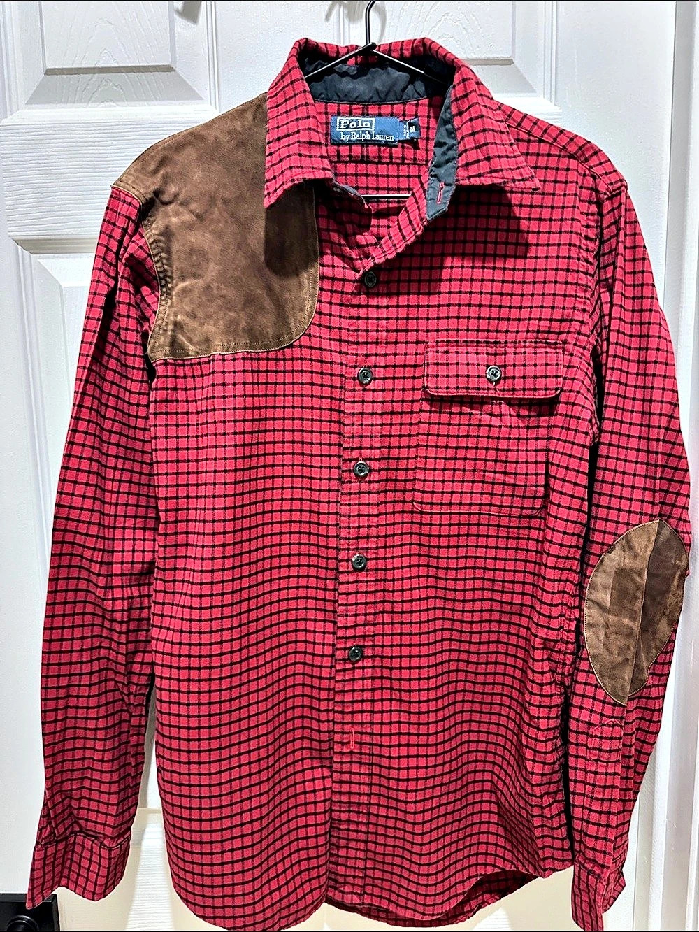 Polo Ralph Lauren Suede Shoulder Patch Plaid Flannel Shirt Red & Black Medium